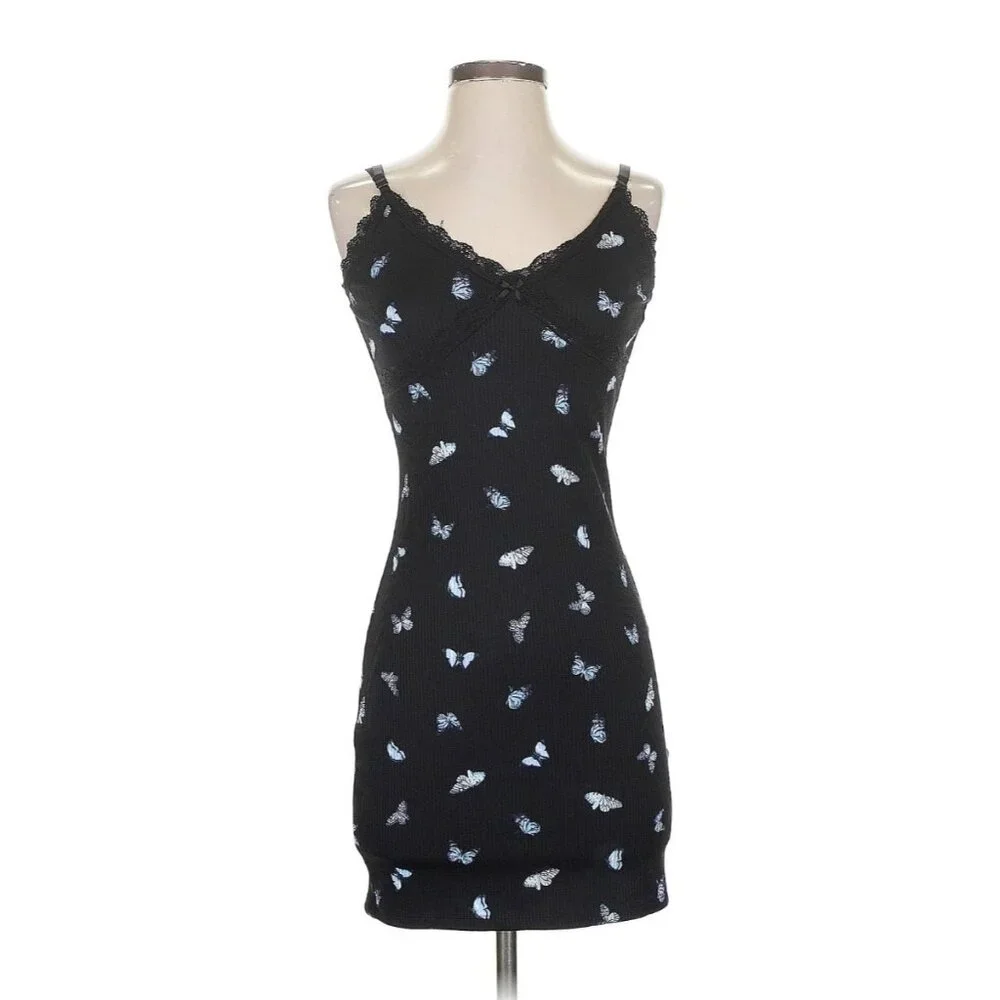 Divided X H&M Black Coquette Ribbed Butterfly Mini Dress Y2K Revive Grunge S - Picture 3 of 14